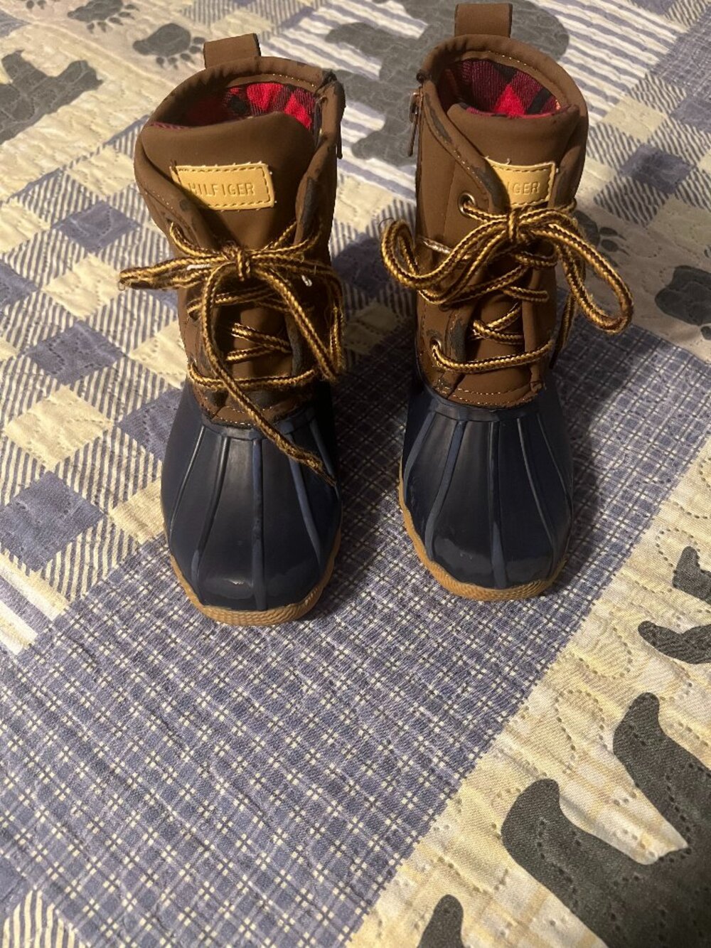 Tommy Hilfiger Youth Kids Duck Boots Size 13 Blue and Brown Side Zip